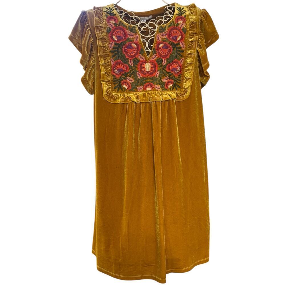 THML Anthropologie Angelique Bohemian Gold Velvet Dress Floral EmbroiderySize M